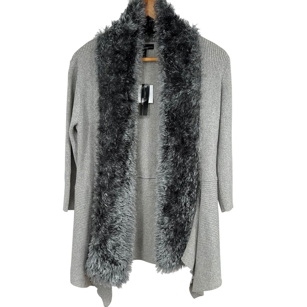 Once Again Faux Fur‎ Trim Ribbed Knit Cardigan Sweater Gray Large